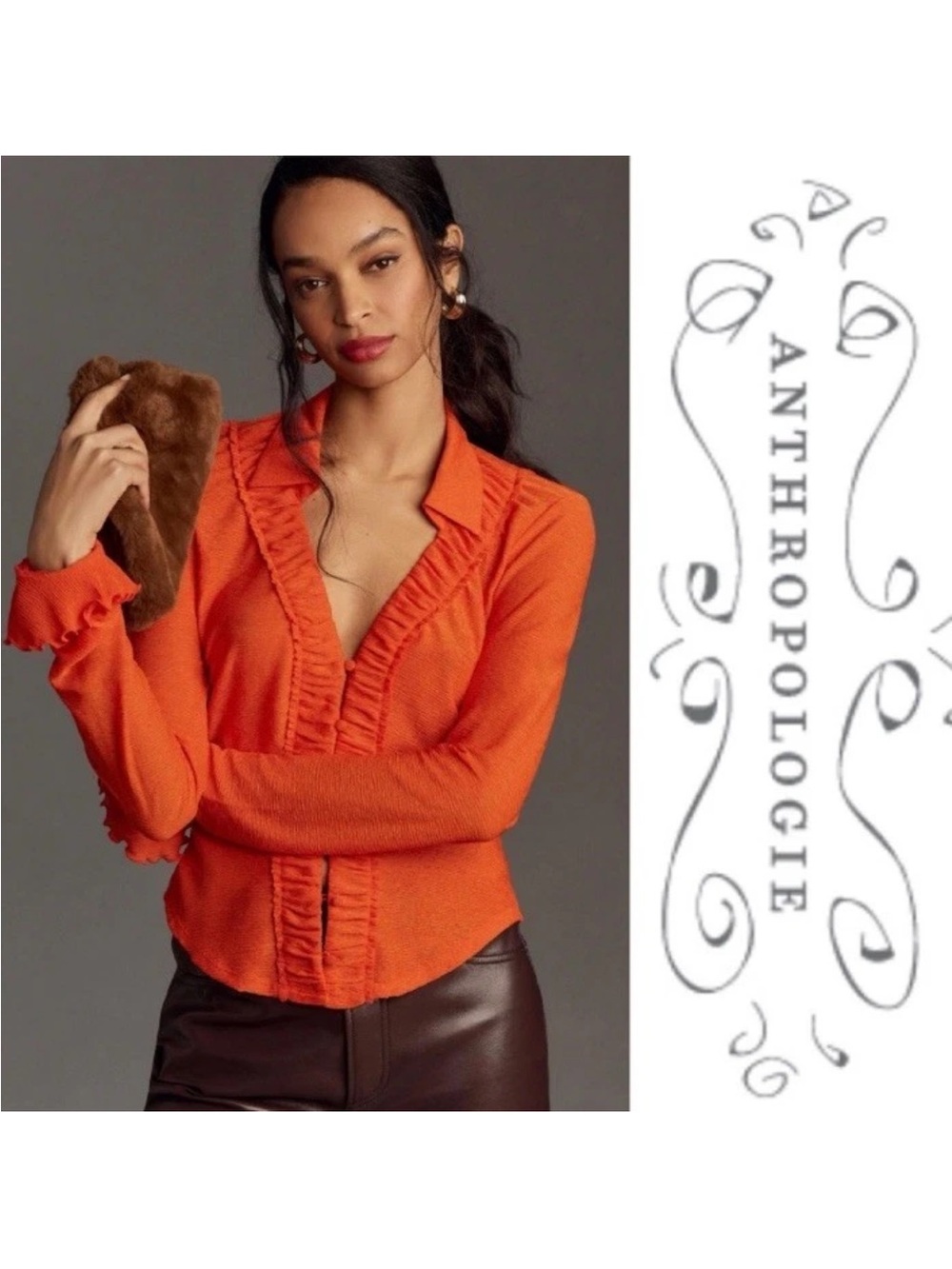 Anthropologie Orange Long Sleeve Button Down Textured Top Shirt Blouse Large New